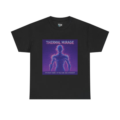 Black Thermal Mirage physics T-shirt, pixel-art mirage refraction design, front view