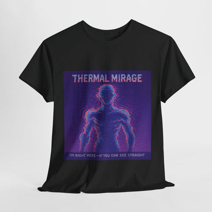 Black Thermal Mirage physics T-shirt, pixel-art mirage refraction design, front view