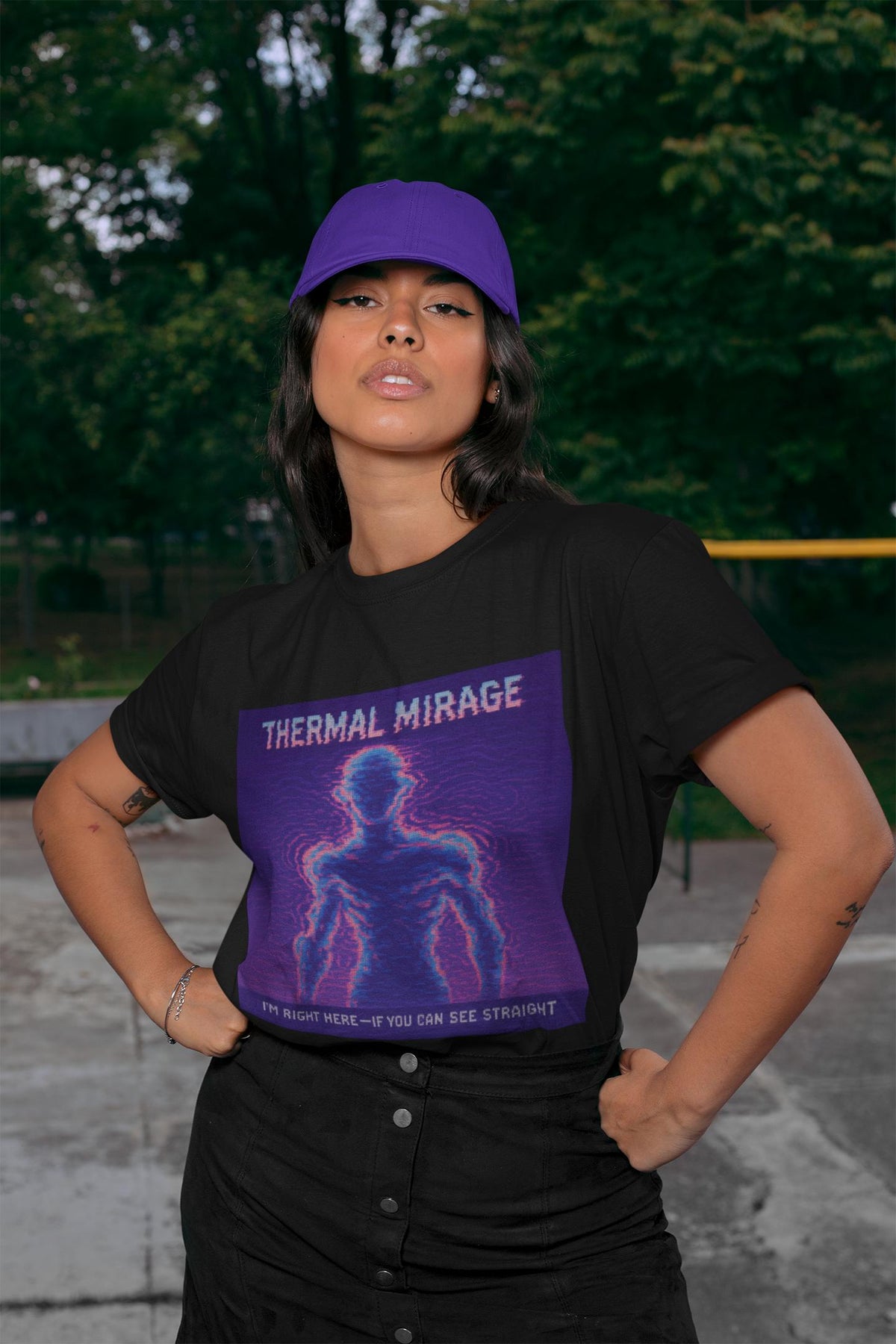 Black Thermal Mirage physics T-shirt, pixel-art mirage refraction design, worn by a woman