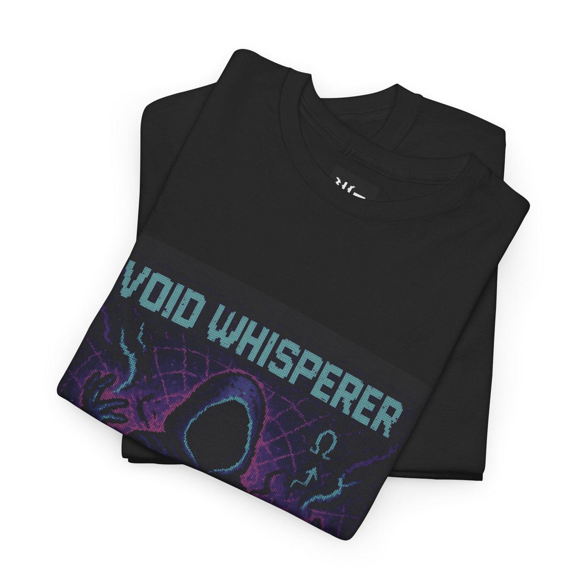 Black Void Whisperer physics T-shirt, pixel-art dark energy design, folded