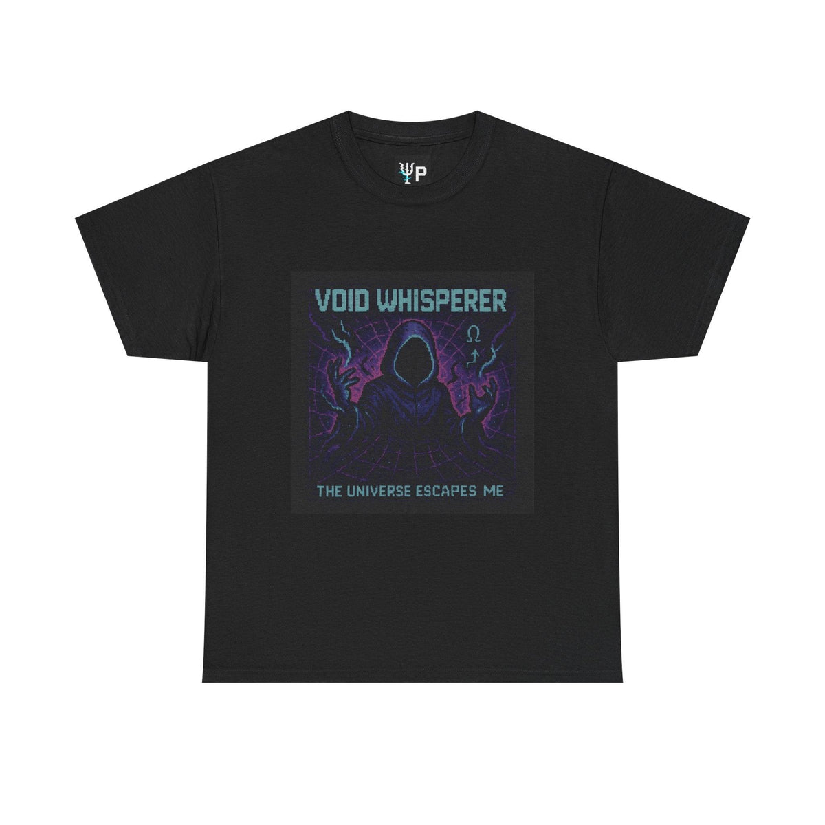 Black Void Whisperer physics T-shirt, pixel-art dark energy design, front view
