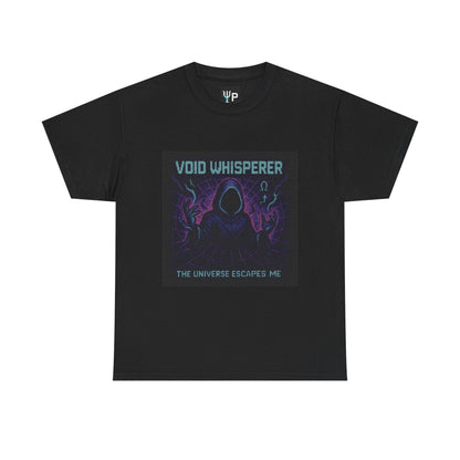 Black Void Whisperer physics T-shirt, pixel-art dark energy design, front view