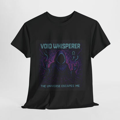 Black Void Whisperer physics T-shirt, pixel-art dark energy design, front view