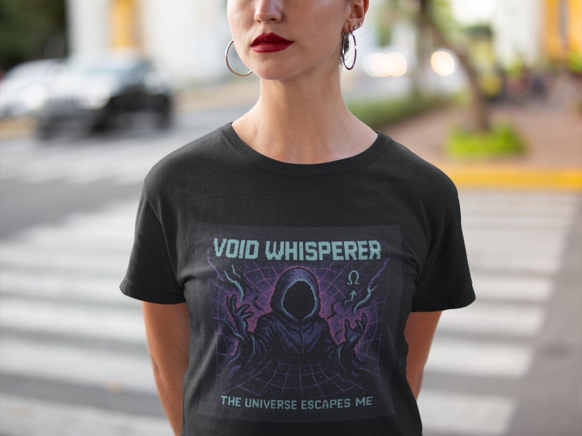 Black Void Whisperer physics T-shirt, pixel-art dark energy design, worn by a woman