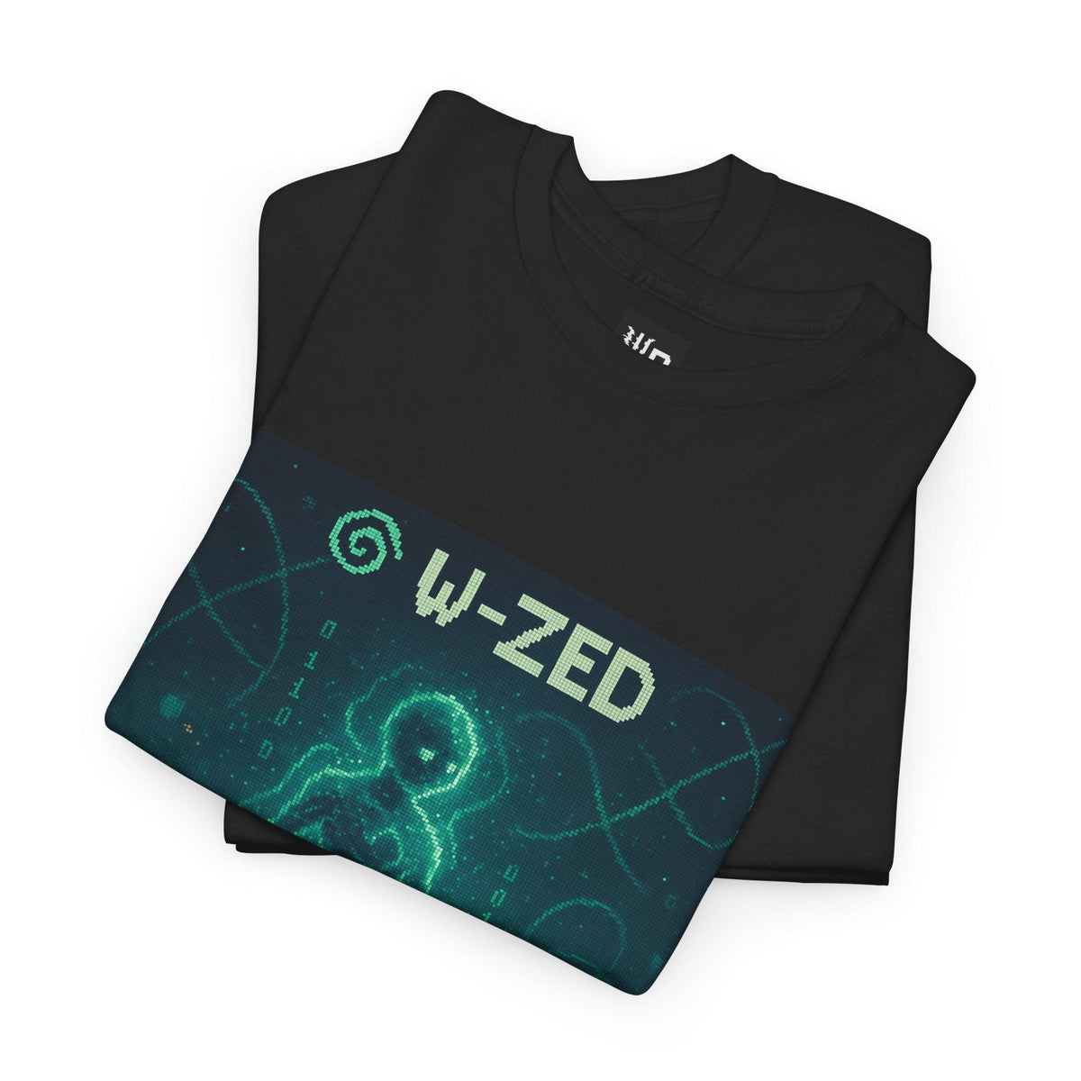 Black W-ZED physics T-shirt, pixel-art W and Z bosons, weak force design, folded