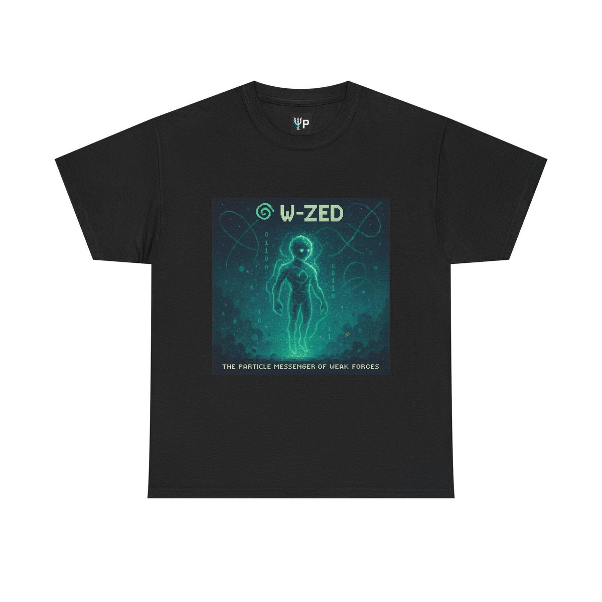 Black W-ZED physics T-shirt, pixel-art W and Z bosons, weak force design, front view