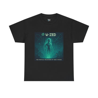 Black W-ZED physics T-shirt, pixel-art W and Z bosons, weak force design, front view