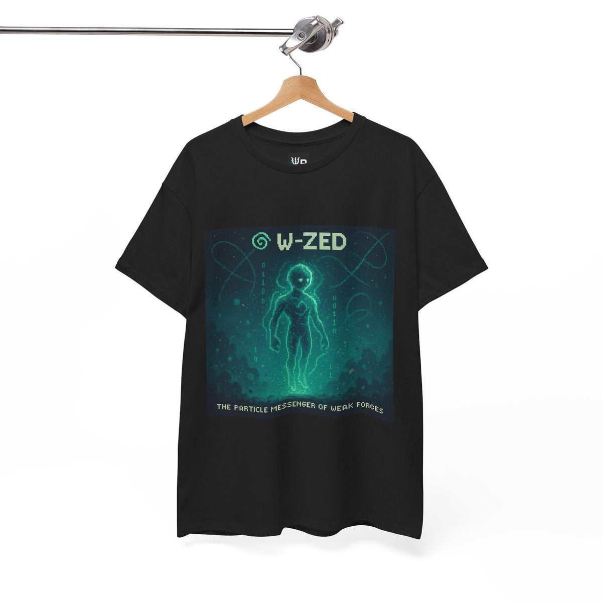 Black W-ZED physics T-shirt, pixel-art W and Z bosons, weak force design, on a hanger
