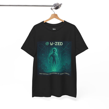 Black W-ZED physics T-shirt, pixel-art W and Z bosons, weak force design, on a hanger