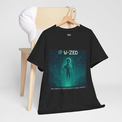 Black W-ZED physics T-shirt, pixel-art W and Z bosons, weak force design, hanging on a chair