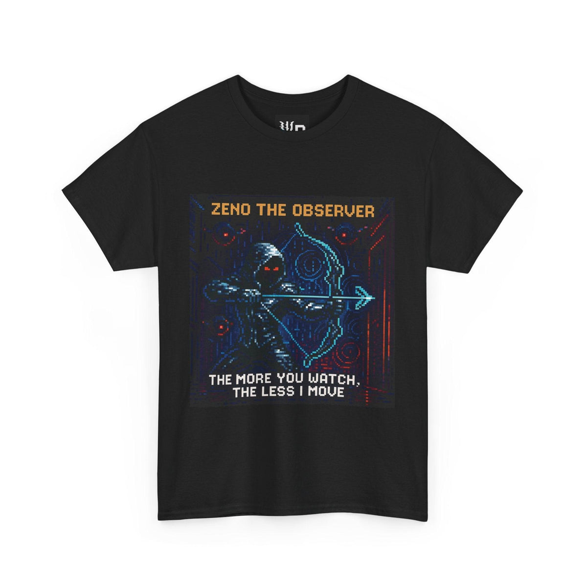 Black Zeno physics T-shirt, pixel-art quantum Zeno effect design, front view