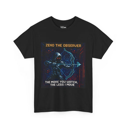 Black Zeno physics T-shirt, pixel-art quantum Zeno effect design, front view
