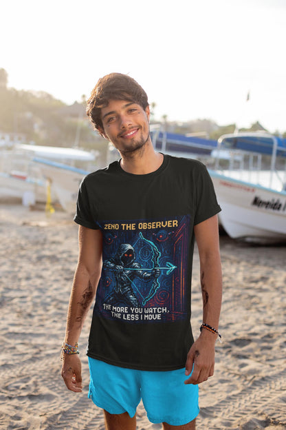 Black Zeno physics T-shirt, pixel-art quantum Zeno effect design, worn by a man at the beach