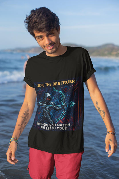 Black Zeno physics T-shirt, pixel-art quantum Zeno effect design, worn by a man at the beach