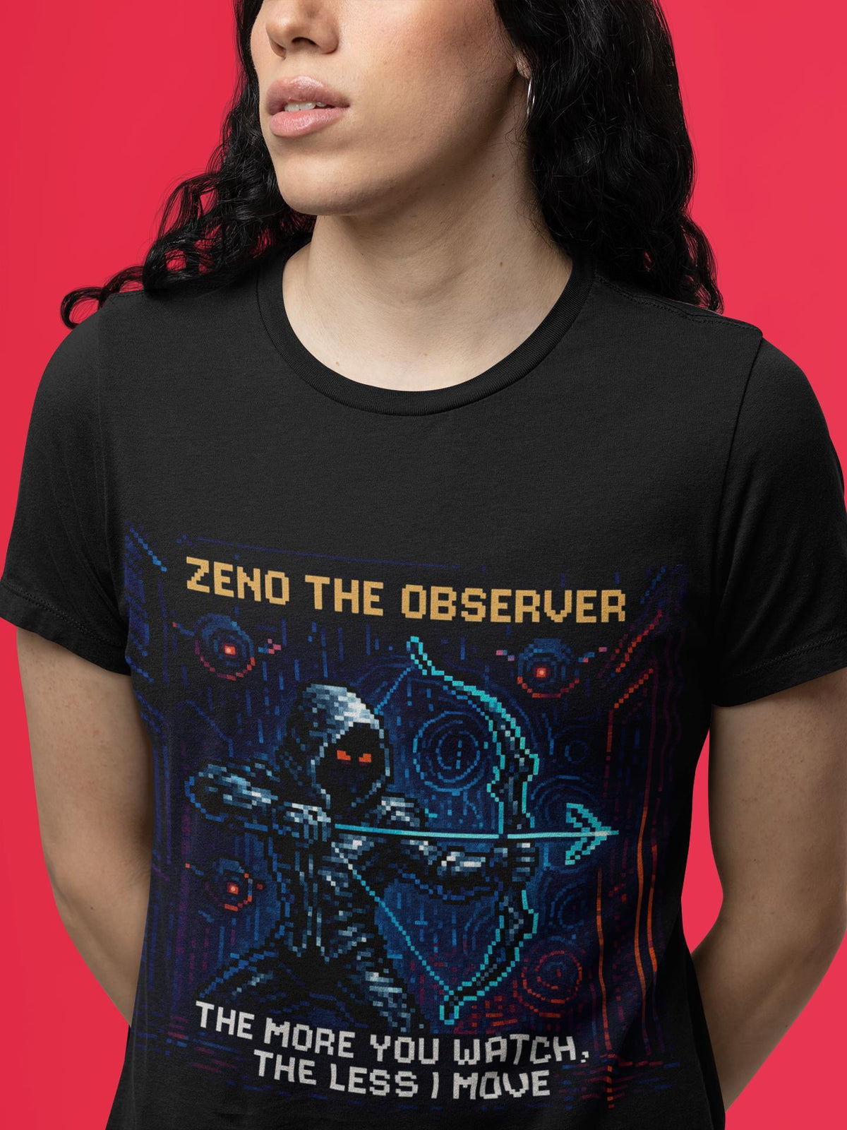 Black Zeno physics T-shirt, pixel-art quantum Zeno effect design, worn by a woman