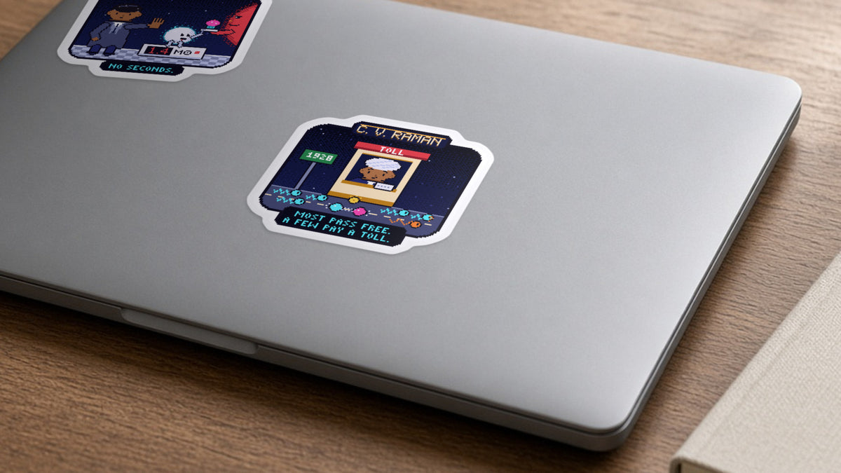 C. V. Raman pixel-art physics sticker on a laptop