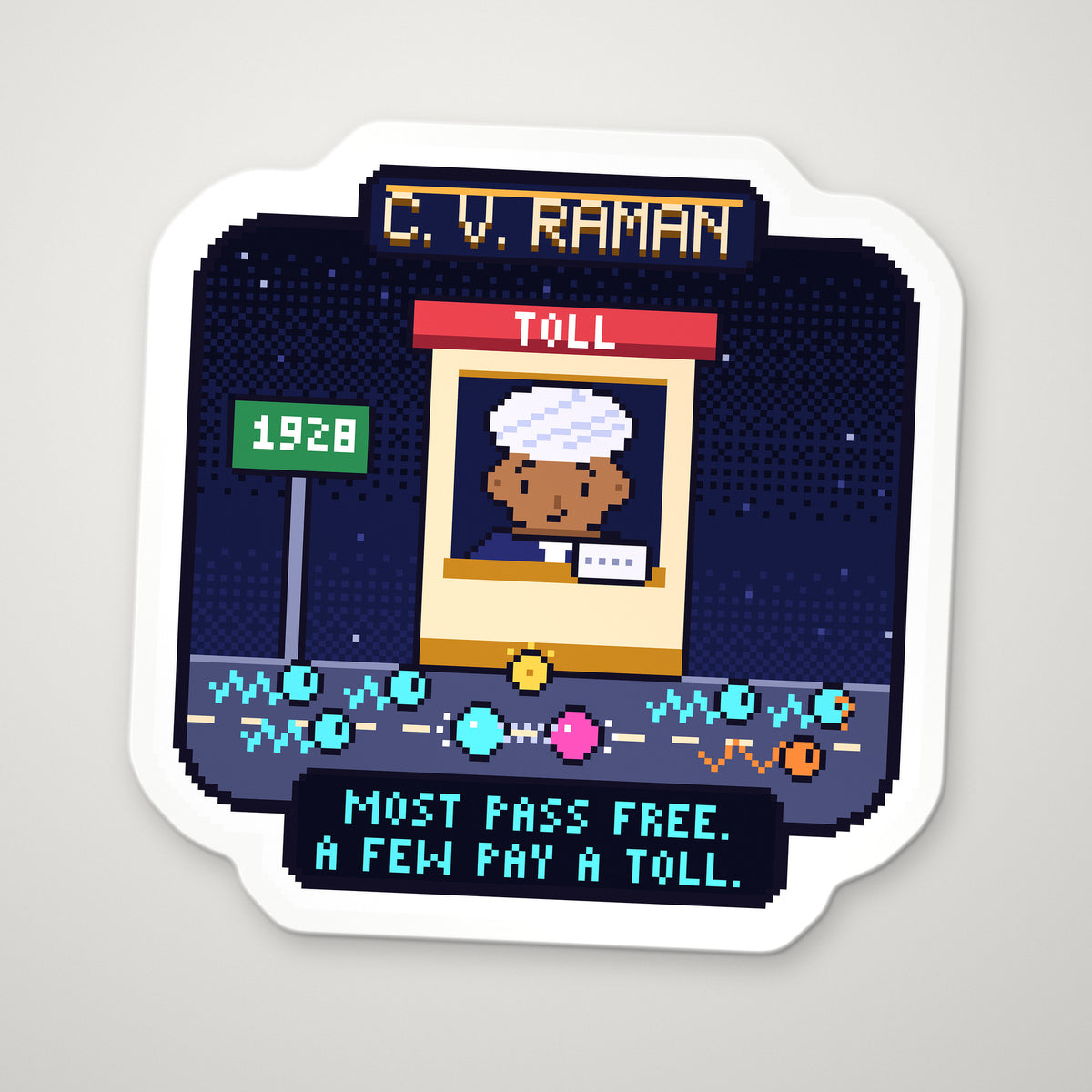 C. V. Raman pixel-art physics sticker – Raman scattering