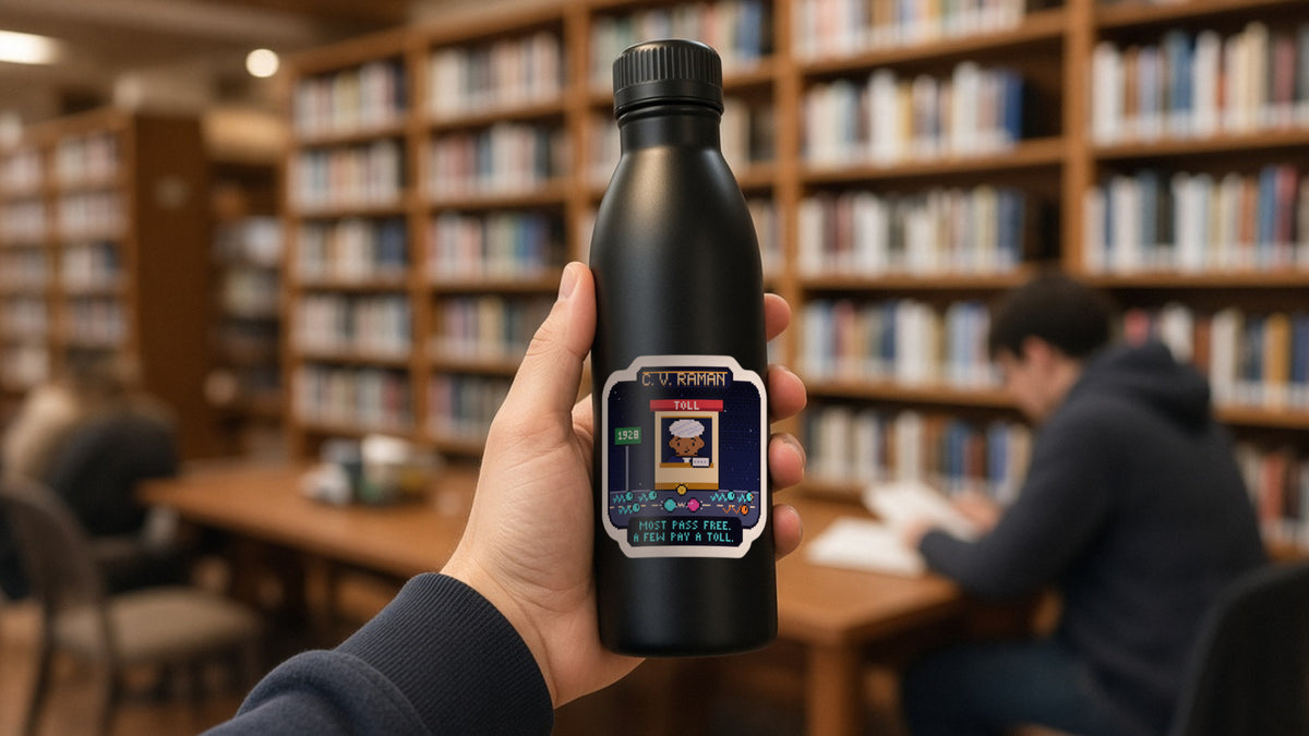 C. V. Raman pixel-art physics sticker on a water bottle