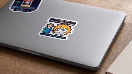 Cecilia Payne-Gaposchkin pixel-art physics sticker on a laptop