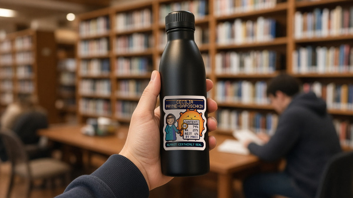 Cecilia Payne-Gaposchkin pixel-art physics sticker on a water bottle