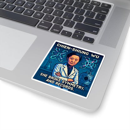 Chien-Shiung Wu pixel-art physics sticker on a laptop