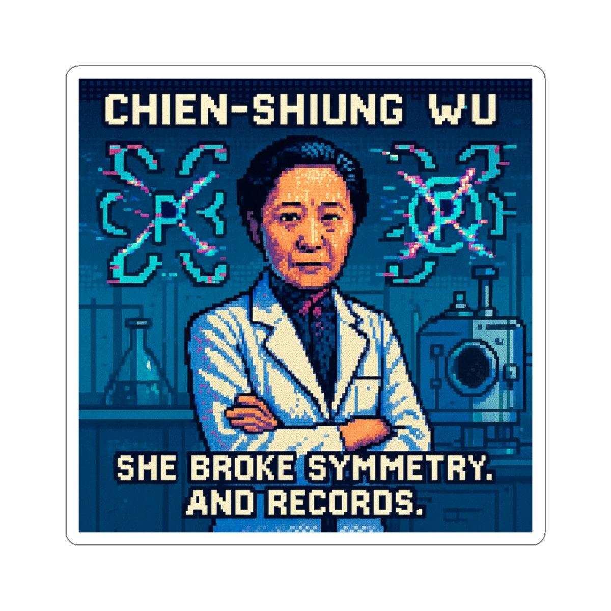 Chien-Shiung Wu pixel-art physics sticker – parity violation