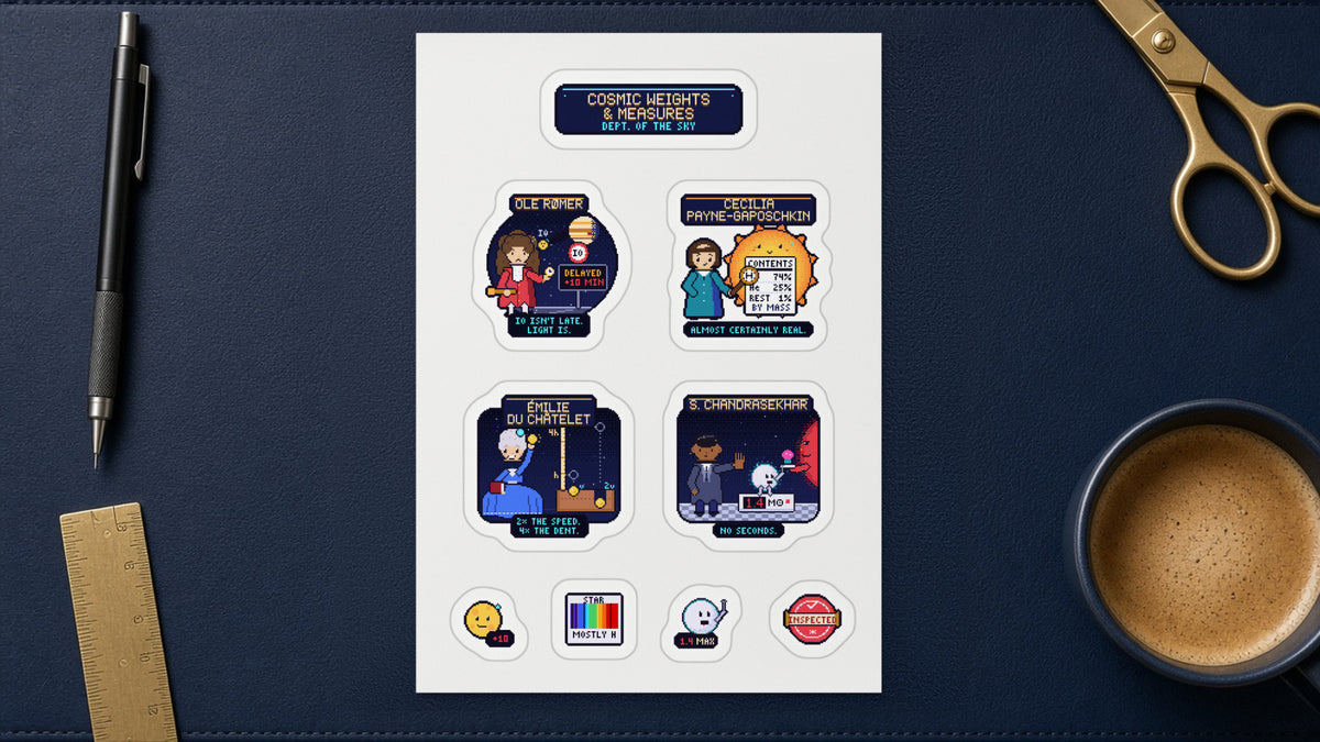 Cosmic Weights & Measures pixel-art physics sticker sheet on a desk