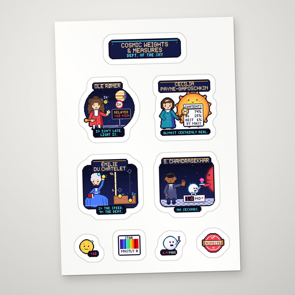 Cosmic Weights & Measures sticker sheet: pixel-art Rømer, Payne-Gaposchkin, du Châtelet, Chandrasekhar on a white A5 sheet