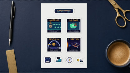 Current Affairs white A5 sticker sheet of navy pixel-art stickers on a desk