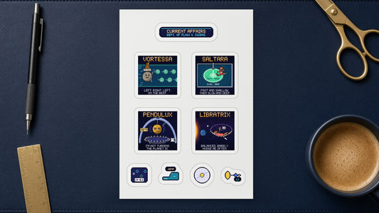 Current Affairs white A5 sticker sheet of navy pixel-art stickers on a desk