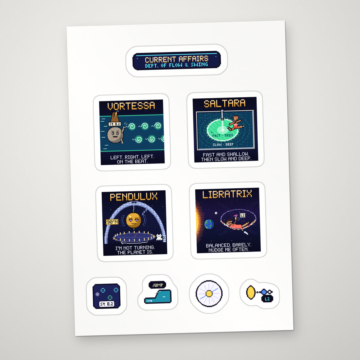 Current Affairs sticker sheet: pixel-art Vortessa, Saltara, Pendulux and Libratrix stickers with props on a white A5 sheet