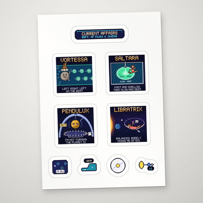 Current Affairs sticker sheet: pixel-art Vortessa, Saltara, Pendulux and Libratrix stickers with props on a white A5 sheet