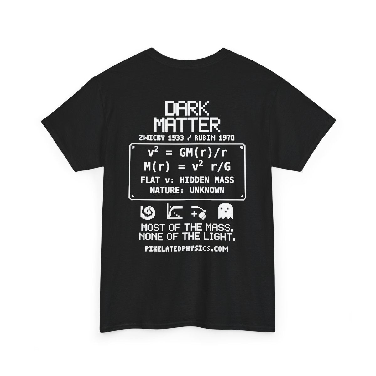 Back of Dark Matter Host tee: Gravitational Lensing on a black shirt, white ink