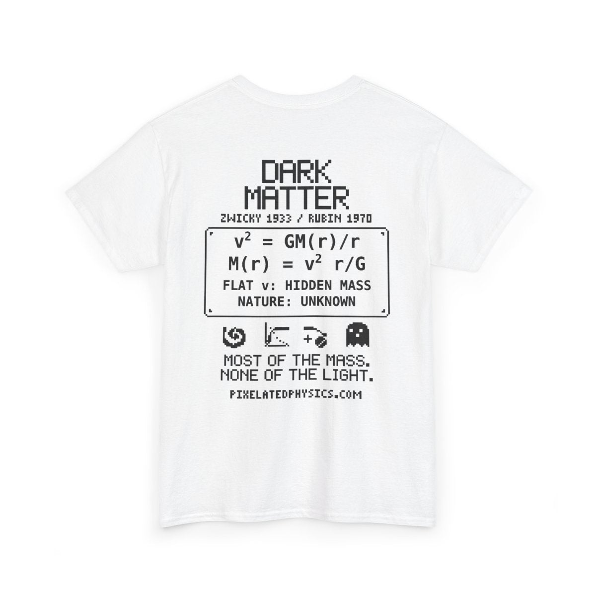 Back of Dark Matter Host tee: Gravitational Lensing on a white shirt, black ink