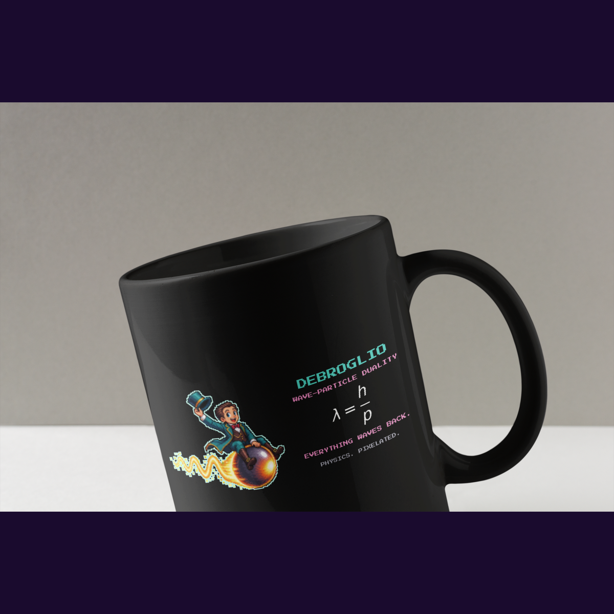 Debroglio physics mug, close-up