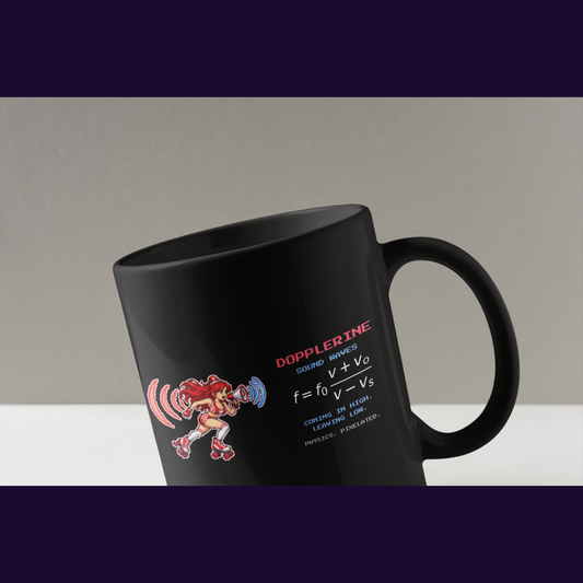 Dopplerine physics mug, close-up