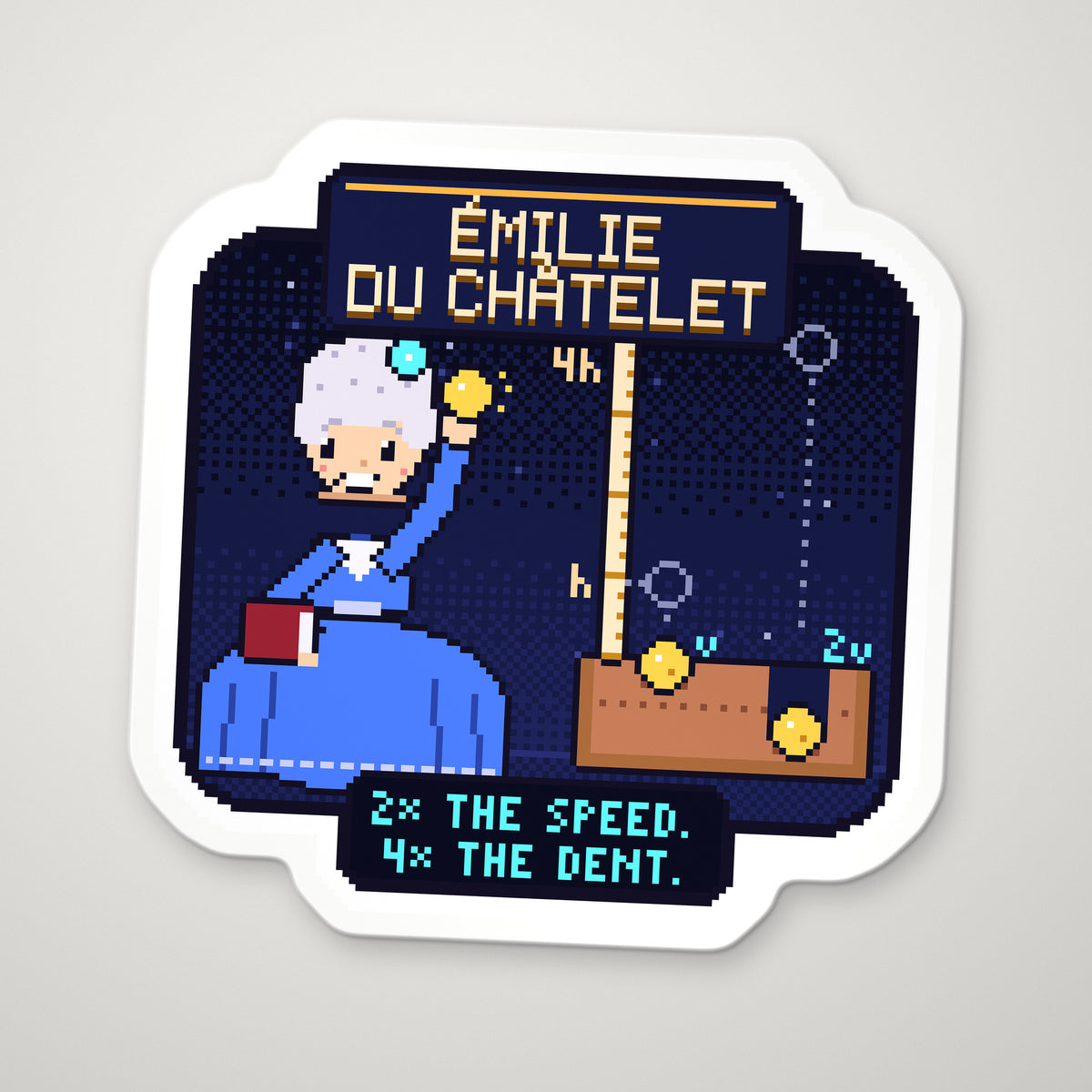 Émilie du Châtelet pixel-art physics sticker – kinetic energy (vis viva)