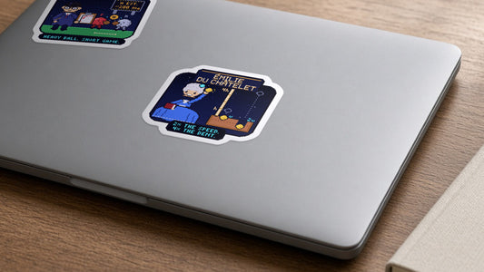 Émilie du Châtelet pixel-art physics sticker on a laptop
