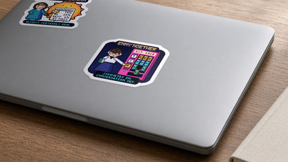 Emmy Noether pixel-art physics sticker on a laptop