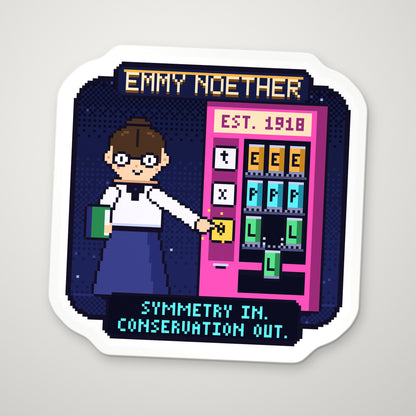 Emmy Noether pixel-art physics sticker – symmetry and conservation laws