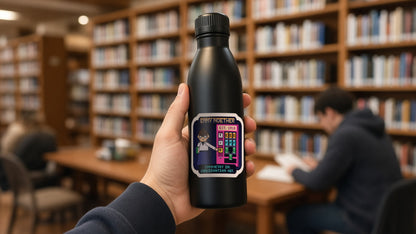 Emmy Noether pixel-art physics sticker on a water bottle