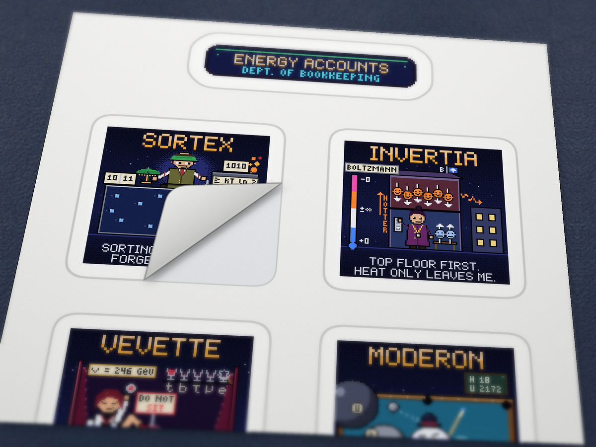 Close-up of a navy pixel-art sticker being peeled from the white Energy Accounts sticker sheet