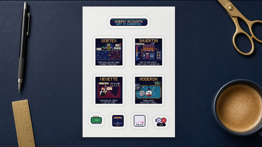 Energy Accounts white A5 sticker sheet of navy pixel-art stickers on a desk