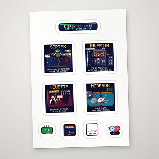 Energy Accounts sticker sheet: pixel-art Sortex, Invertia, Vevette and Moderon stickers with props on a white A5 sheet