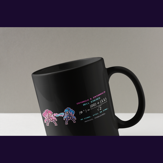 Entangla & Entanglo physics mug, close-up
