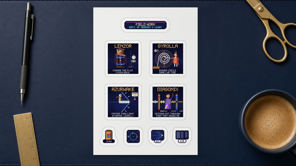 Field Work white A5 sticker sheet of navy pixel-art stickers on a desk