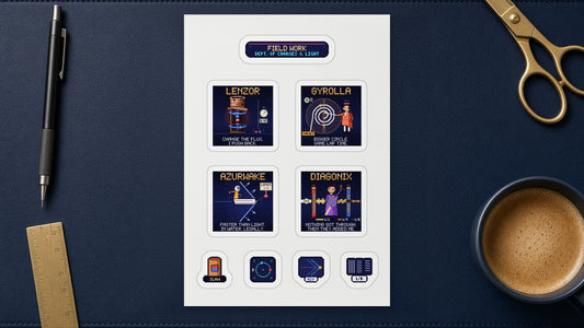 Field Work white A5 sticker sheet of navy pixel-art stickers on a desk