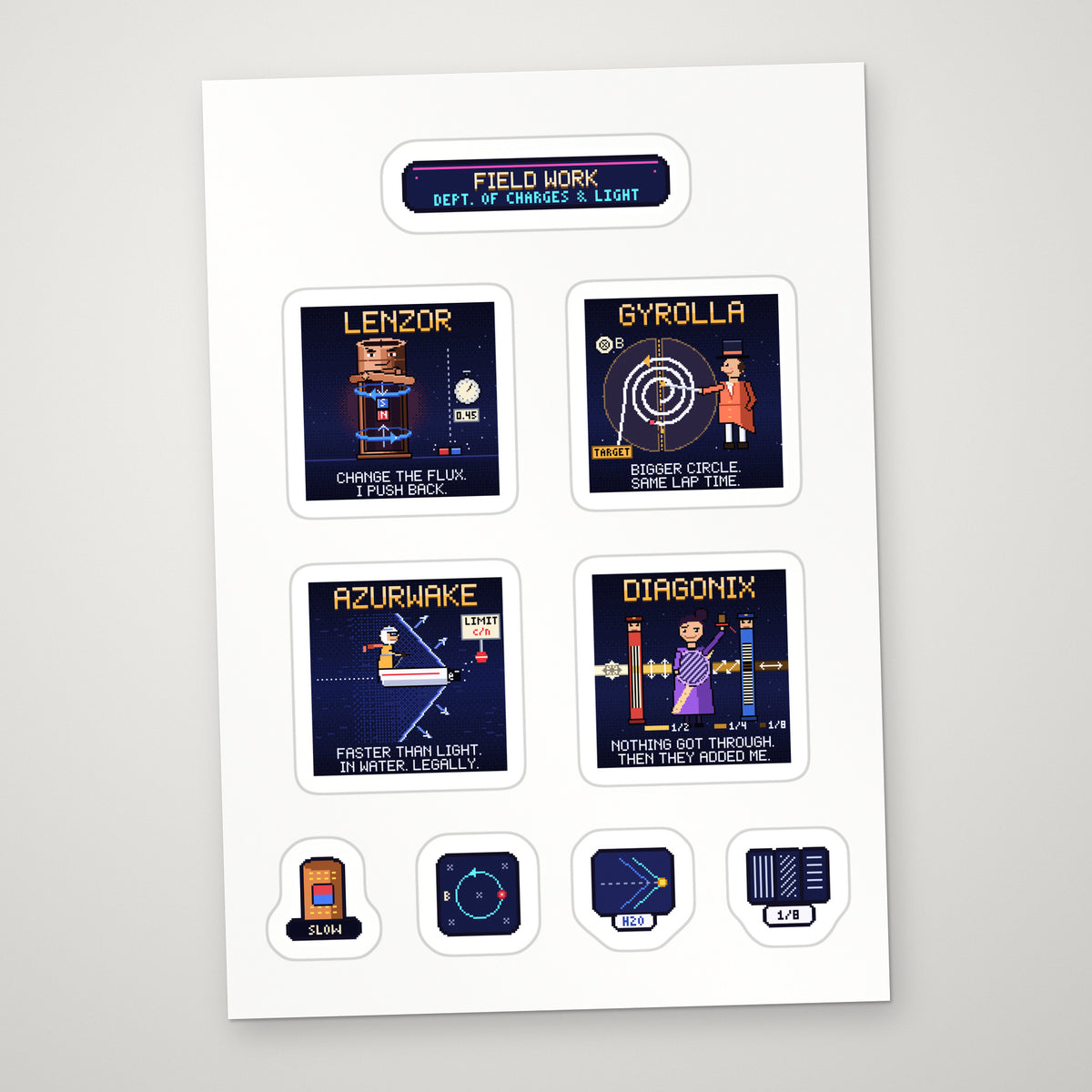 Field Work sticker sheet: pixel-art Lenzor, Gyrolla, Azurwake and Diagonix stickers with props on a white A5 sheet