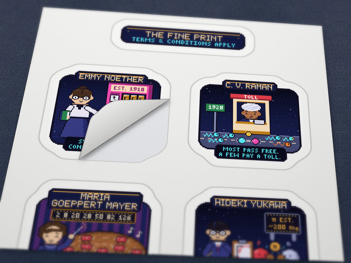 The Fine Print pixel-art physics sticker sheet – close-up of one sticker being peeled off
