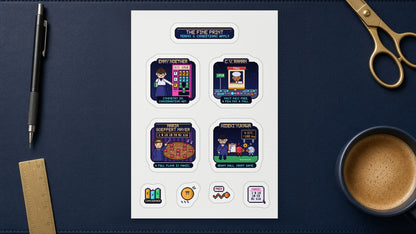 The Fine Print pixel-art physics sticker sheet on a desk